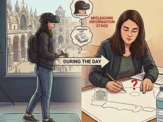 A conceptual illustration of a human brain overlaying a virtual city grid, representing how misinformation affects navigational memory and cognitive maps.