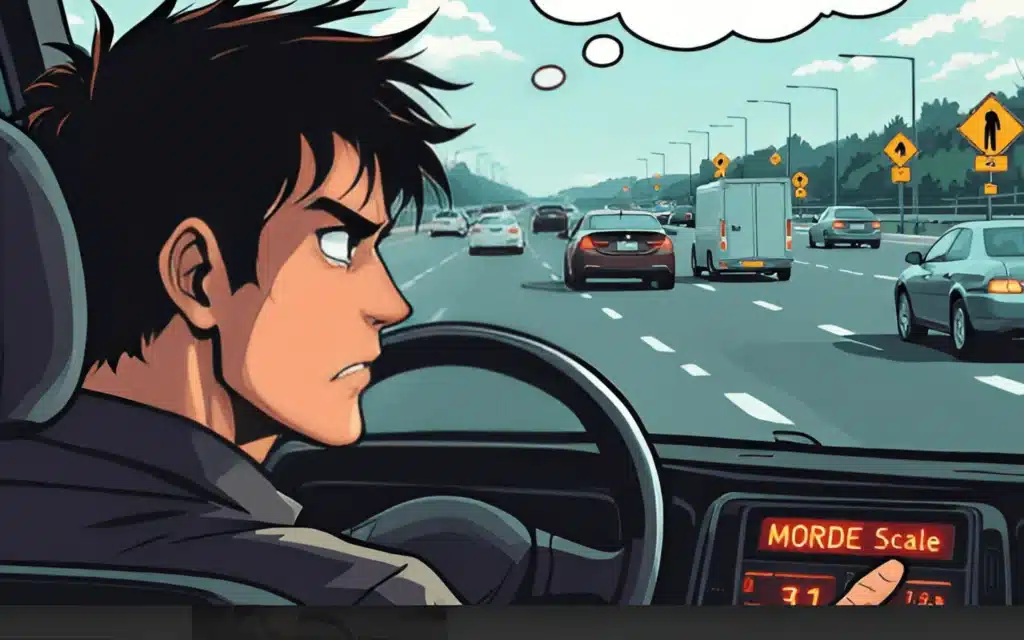 Illustration depicting a driver at a crossroads, with thought bubbles showing rationalizations for rule-breaking versus adherence to road safety, representing moral disengagement and the MORDE Scale's focus.
