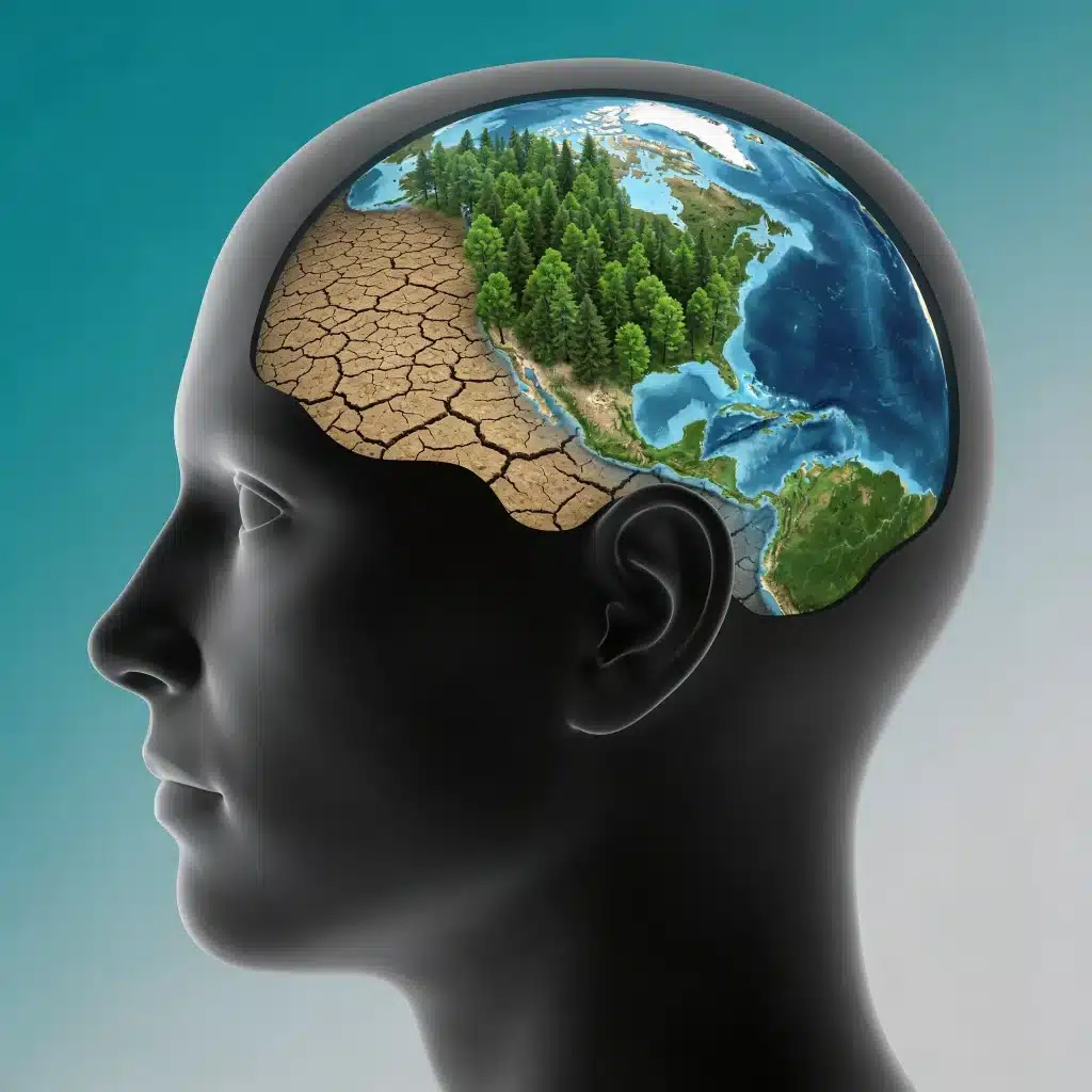 Conceptual image of Climate Change Anxiety research showing the connection between mind and environment.