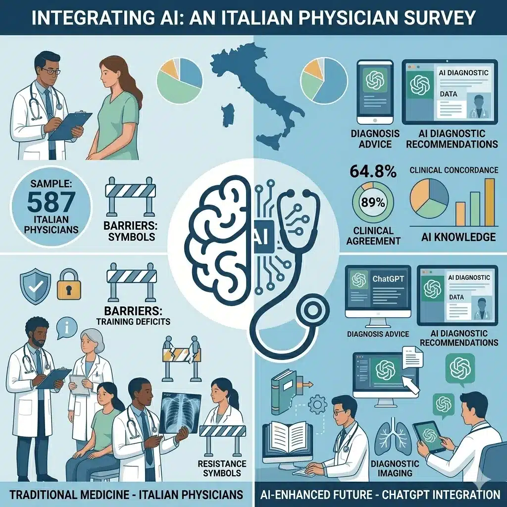 Italian medical professionals reviewing AI-generated diagnostic recommendations on a digital tablet.