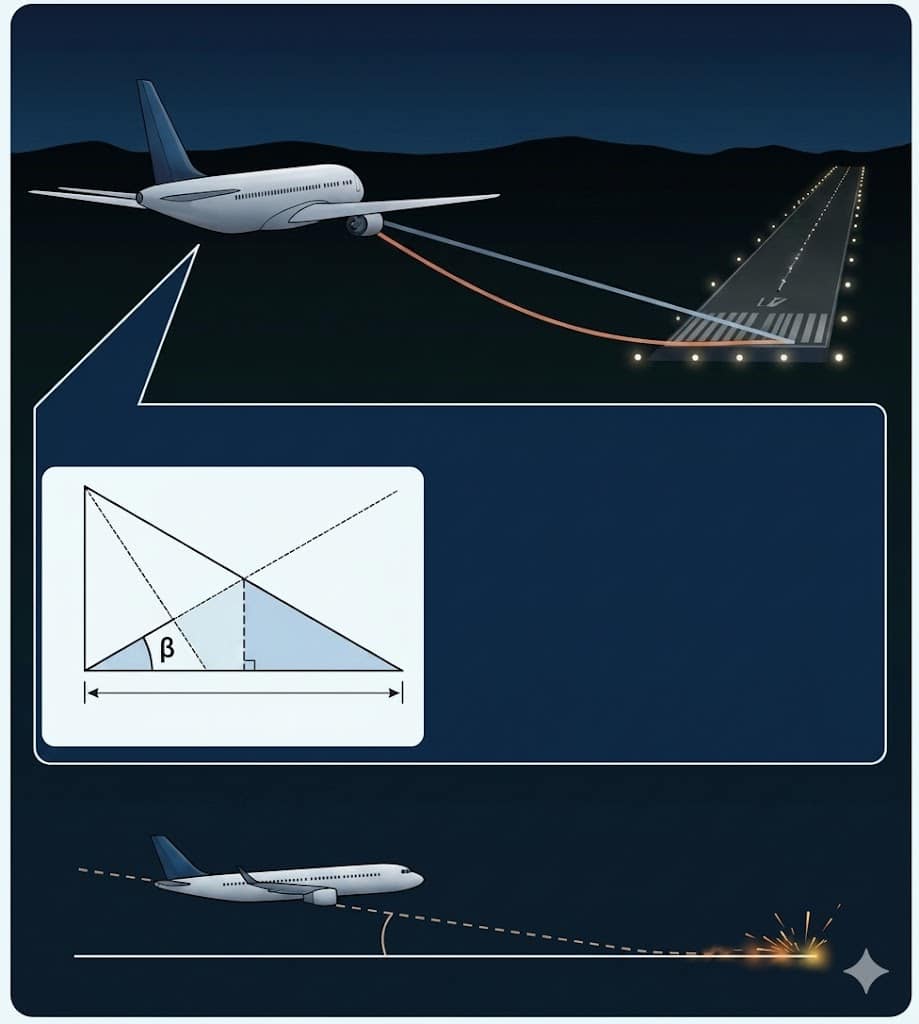 A cockpit view of a runway during a night approach, illustrating the visual challenges of the black hole approach