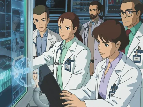 Doctor using AI interface, showing healthcare providers' AI awareness. {{brizy_dc_image_alt entityId=