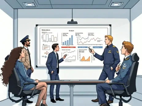 ATCO at Work: Focus, Stress, and Glucose Regulation. Air Traffic Controller focused at work, monitoring radar screens, with an interface showing glucose levels.