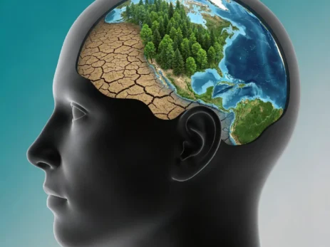 climate-change-anxiety-research-frontiers Conceptual image of Climate Change Anxiety research showing the connection between mind and environment.