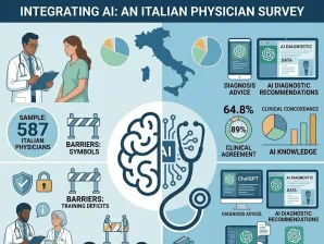 Italian Physicians and AI Clinical Integration Study Italian medical professionals reviewing AI-generated diagnostic recommendations on a digital tablet.