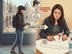 A conceptual illustration of a human brain overlaying a virtual city grid, representing how misinformation affects navigational memory and cognitive maps.
