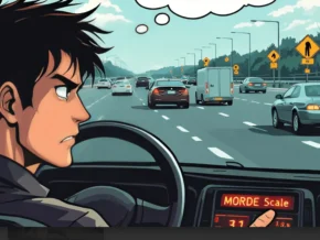 Illustration depicting a driver at a crossroads, with thought bubbles showing rationalizations for rule-breaking versus adherence to road safety, representing moral disengagement and the MORDE Scale's focus.