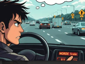 Illustration depicting a driver at a crossroads, with thought bubbles showing rationalizations for rule-breaking versus adherence to road safety, representing moral disengagement and the MORDE Scale's focus.
